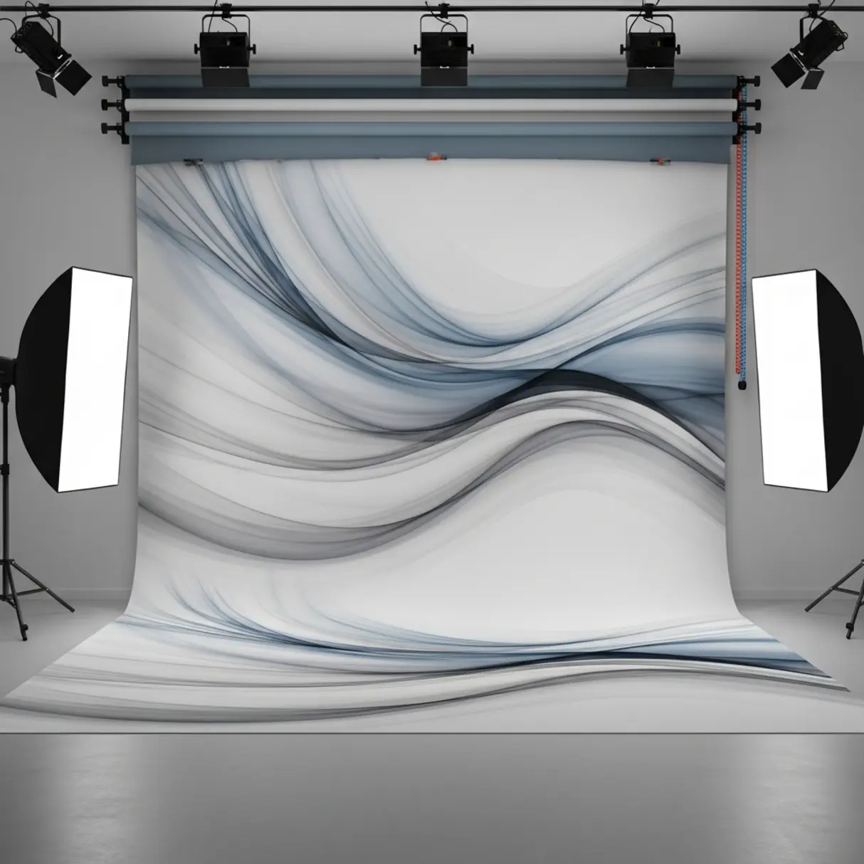 Studio fotograficzne z tekstylną ścianką z abstrakcyjnym wzorem fal w odcieniach szarości i niebieskiego.