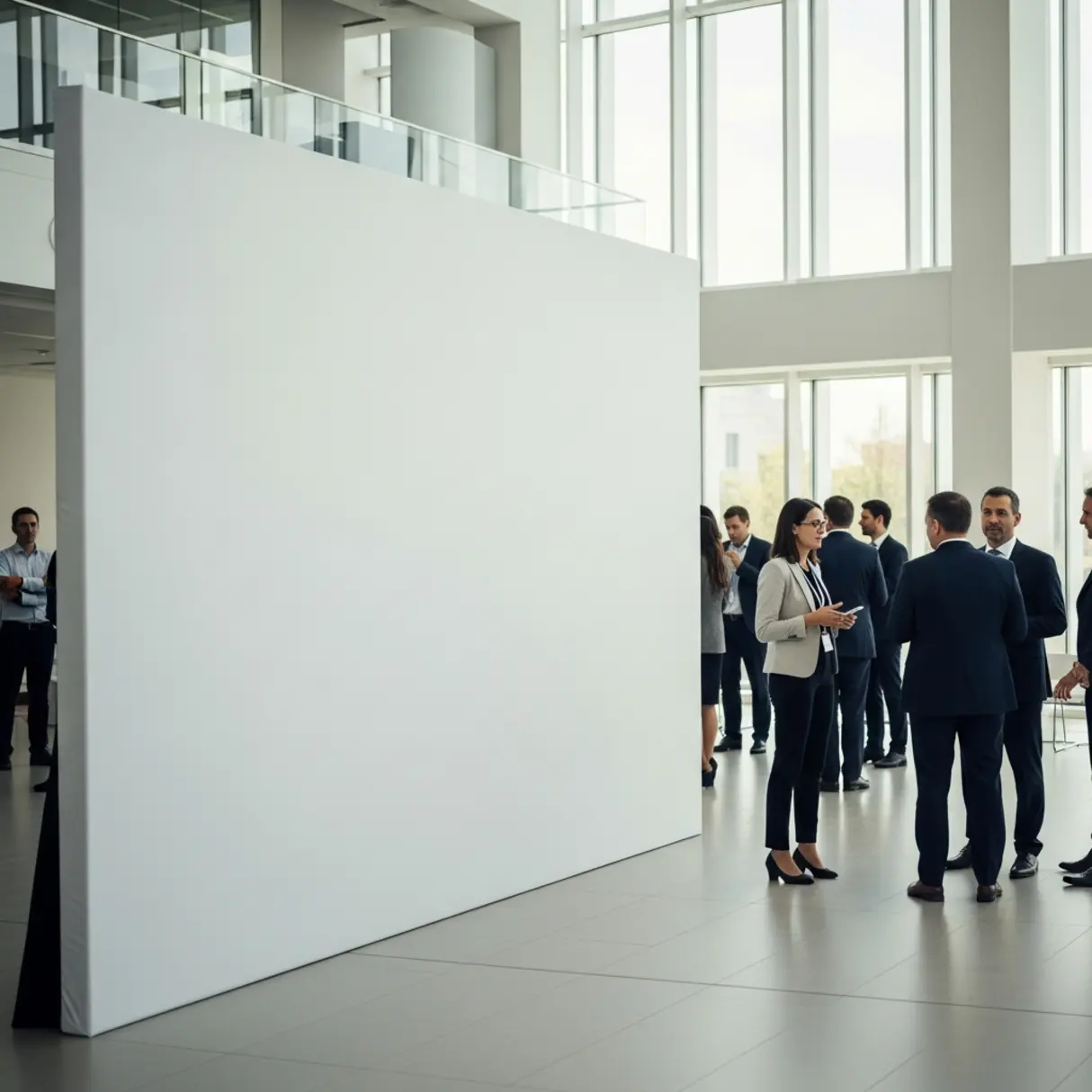 Konferencja w jasnej sali z nowoczesnym panelem reklamowym.