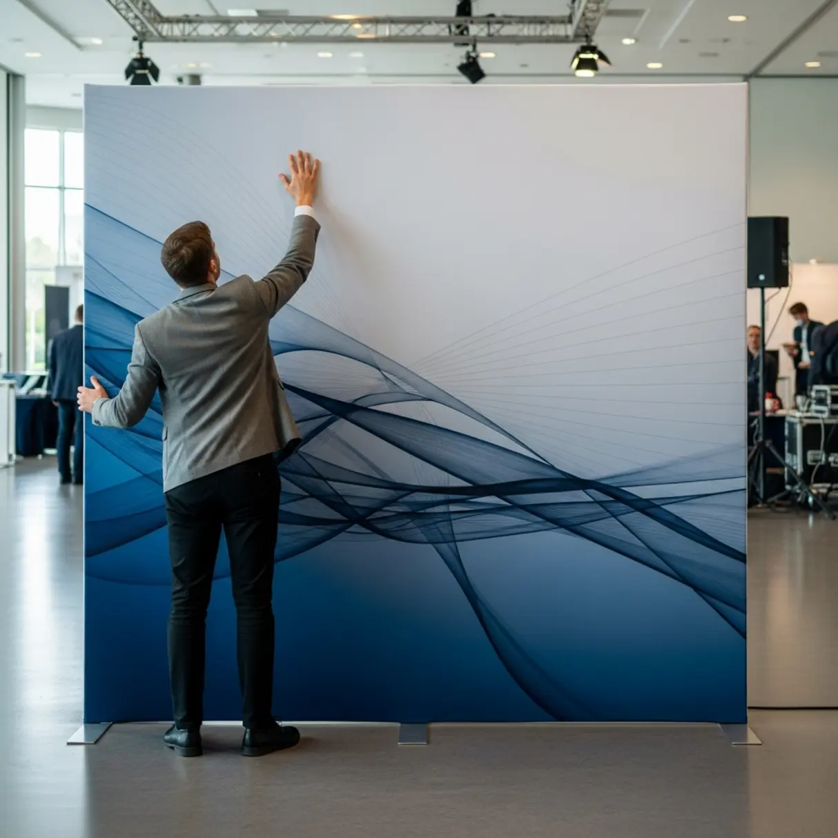 Profesjonalna ściana reklamowa z tkaniny o wymiarach 200x240 cm, ustawiana przez mężczyznę podczas konferencji.