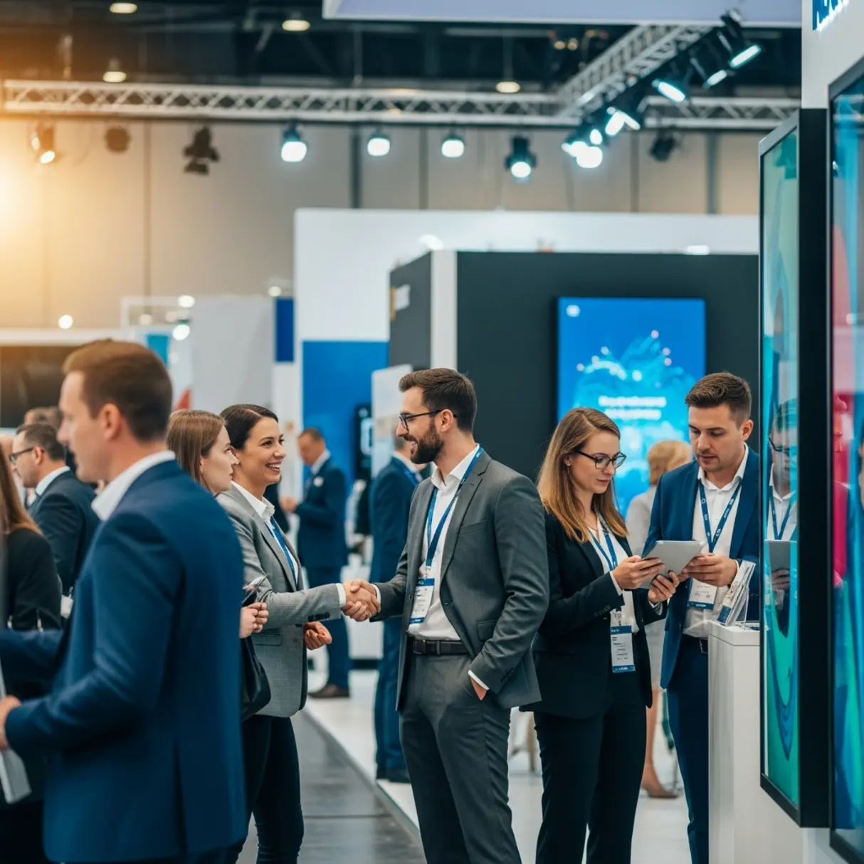 Networking profesjonaliści na nowoczesnych targach, wymiana pomysłów i budowanie relacji biznesowych.