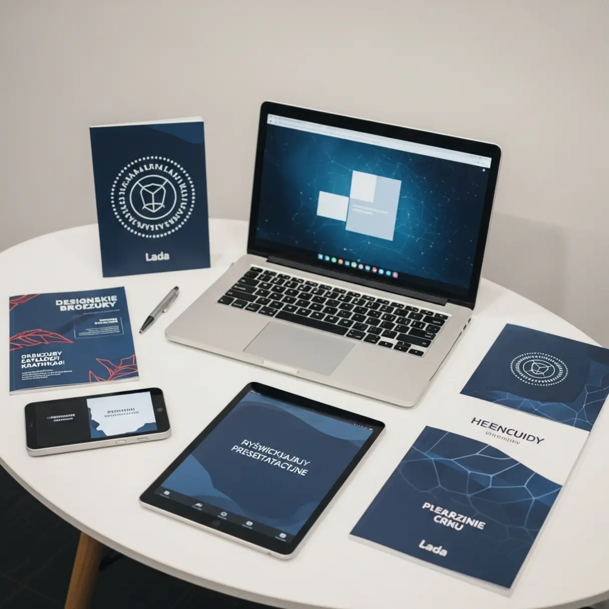 Laptop, tablet, smartfon i materiały promocyjne z logo 