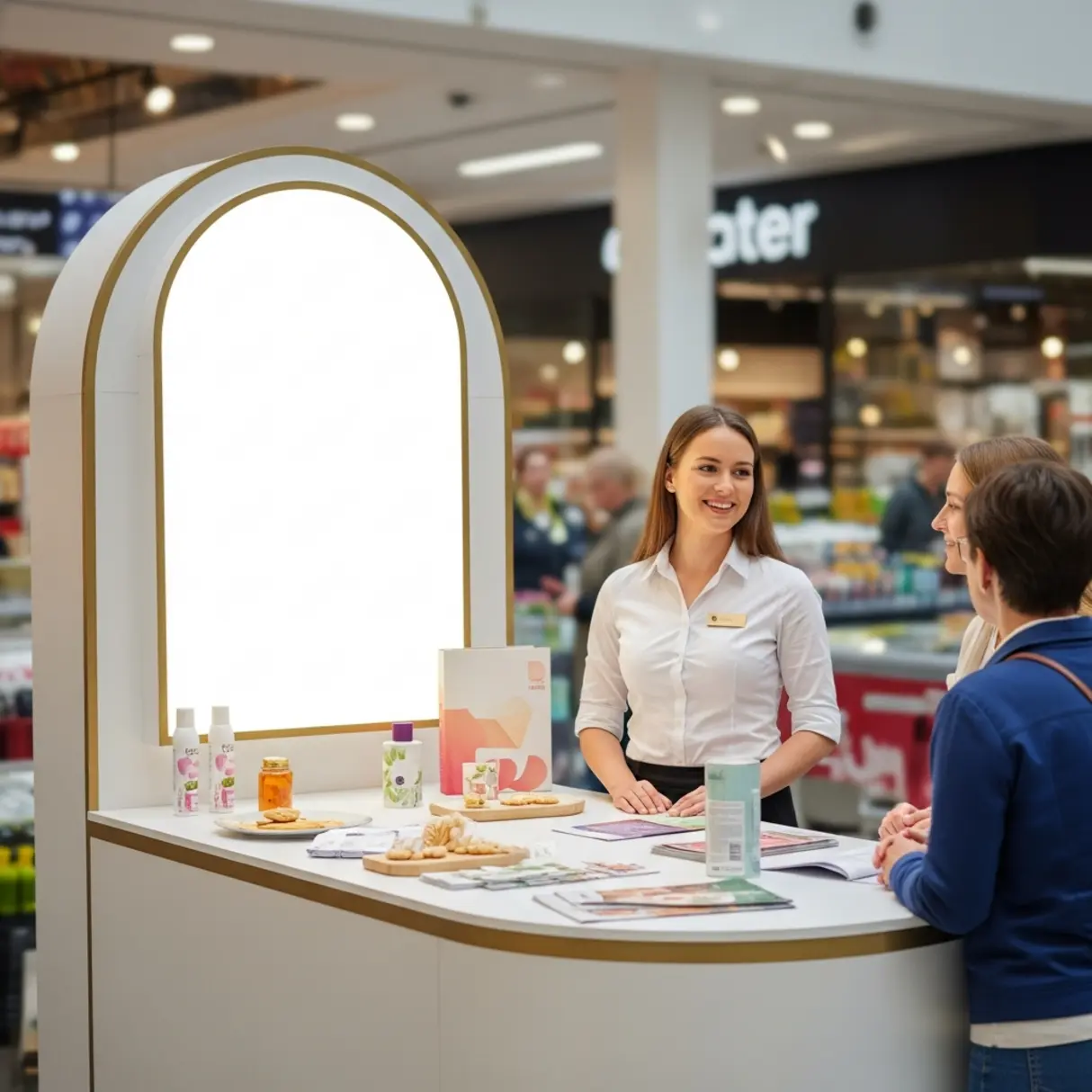 Animatorka promuje produkty na nowoczesnej trybunce w supermarkecie.