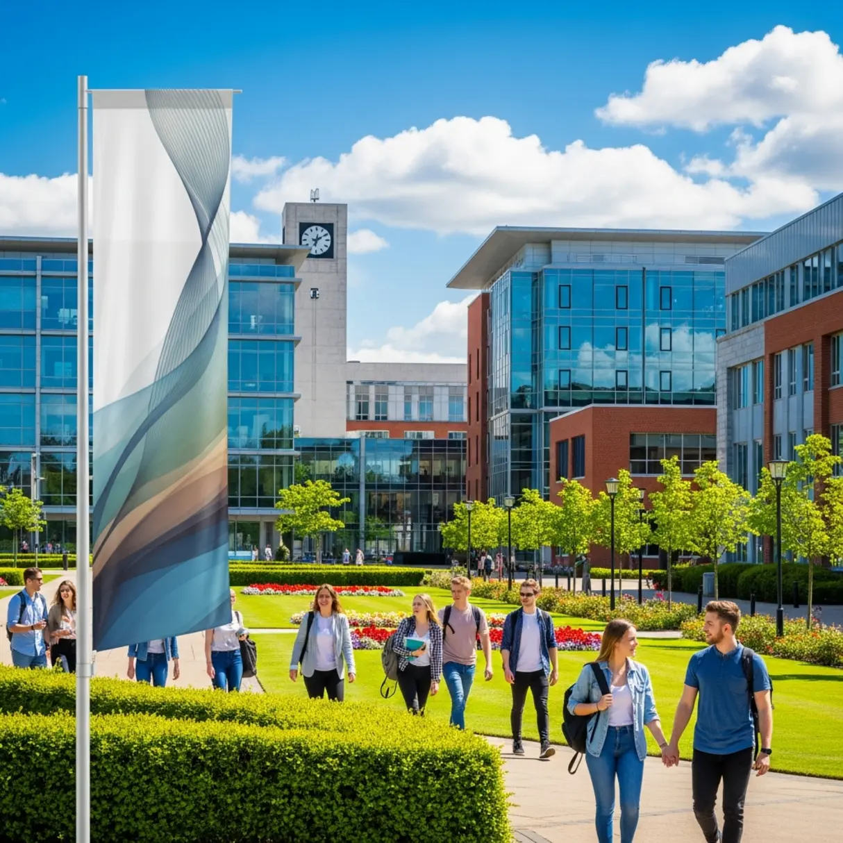 Słoneczny kampus uniwersytecki z flagą reklamową i studentami.