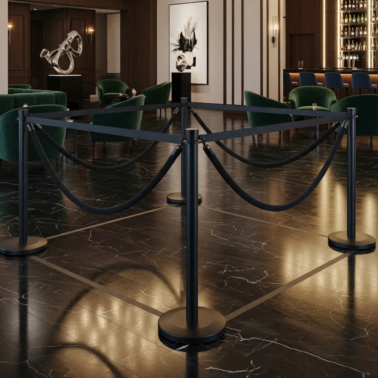 Ekskluzywna strefa VIP w luksusowym hotelu z czarnymi słupkami i marmurową podłogą.