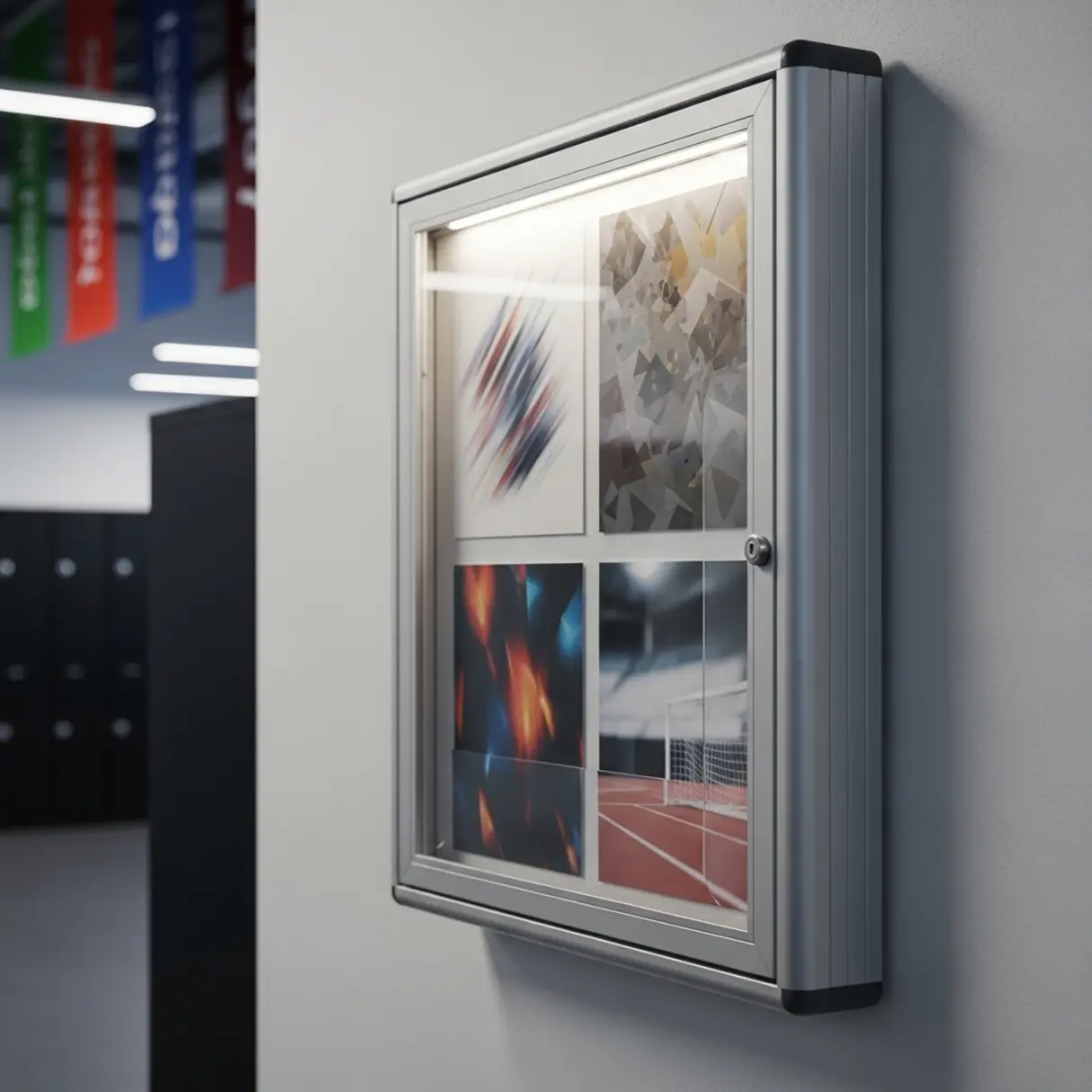 Gablota informacyjna naścienna z aluminium i plexi, umieszczona w korytarzu hali sportowej.