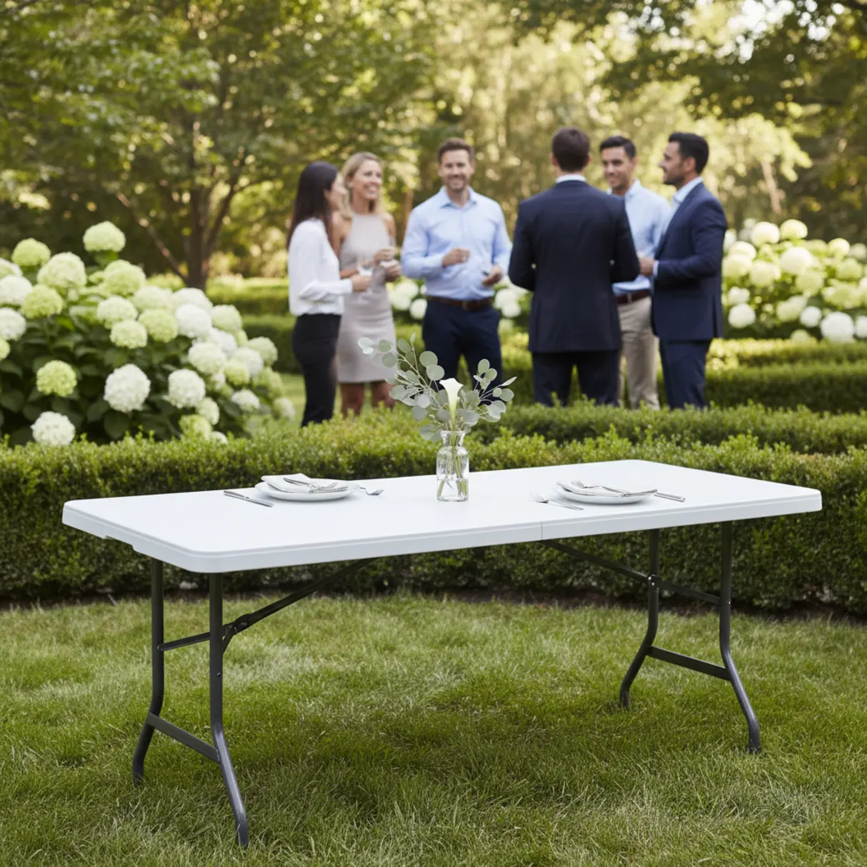 Biały stół eventowy o wymiarach 180x75 cm w eleganckiej scenerii plenerowej, z osobami w tle.