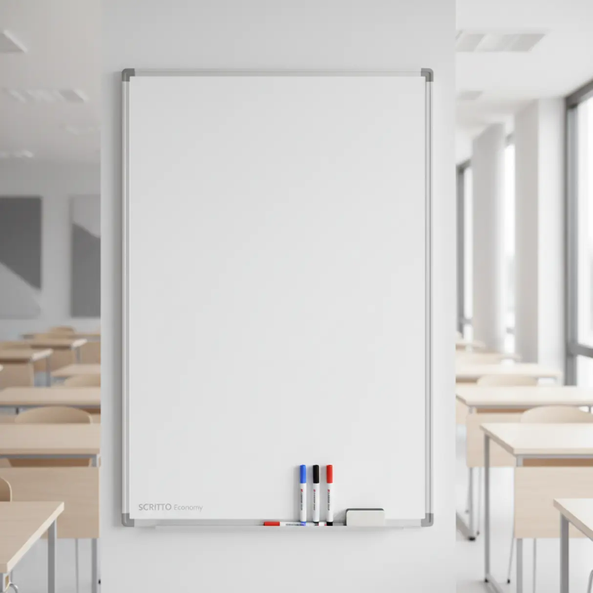 Biała magnetyczna tablica suchościeralna SCRITTO Economy 120x90 cm w nowoczesnej klasie.