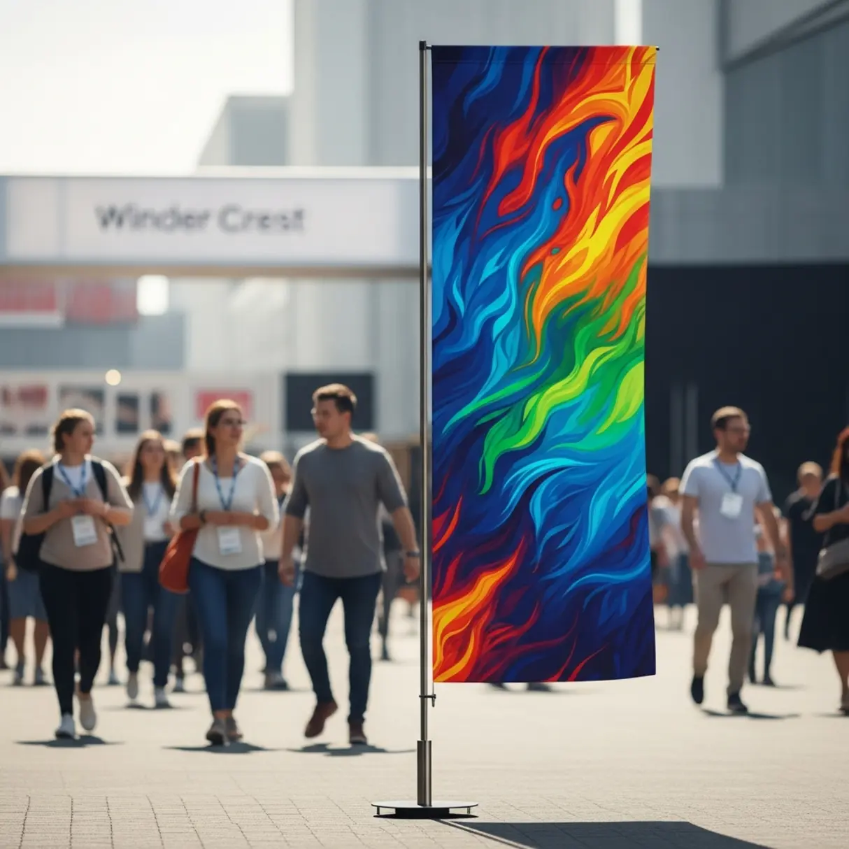 Wysoki, reklamowy flag z abstrakcyjnym wzorem, ustawiony przy wejściu na targi.