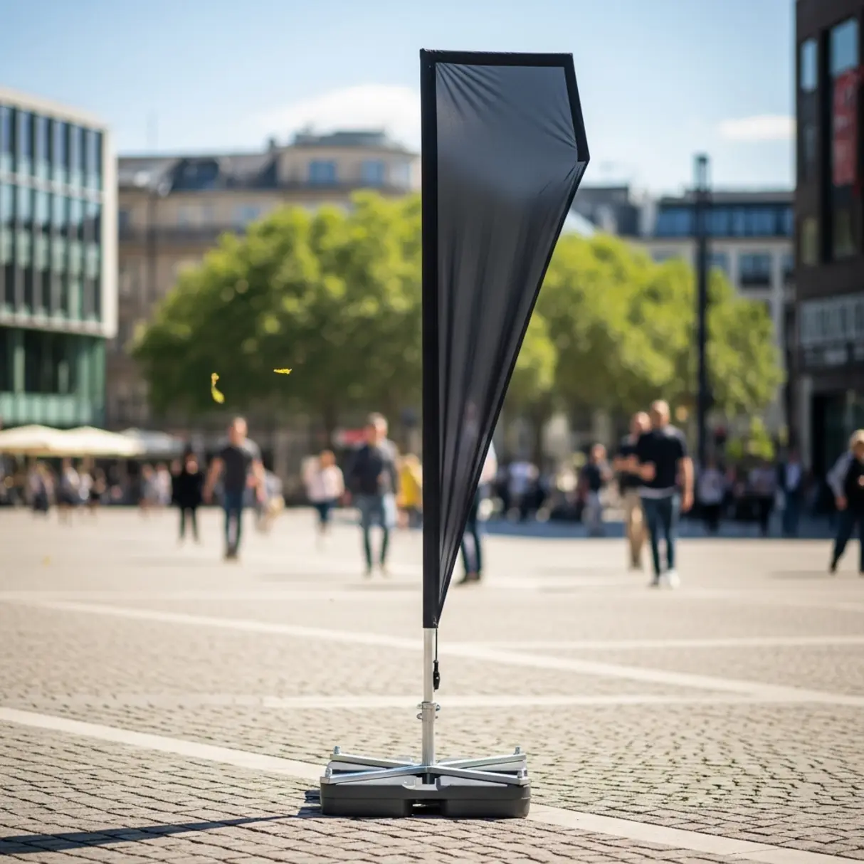Flaga reklamowa typu feather flag na stabilnej podstawie w miejskim otoczeniu.