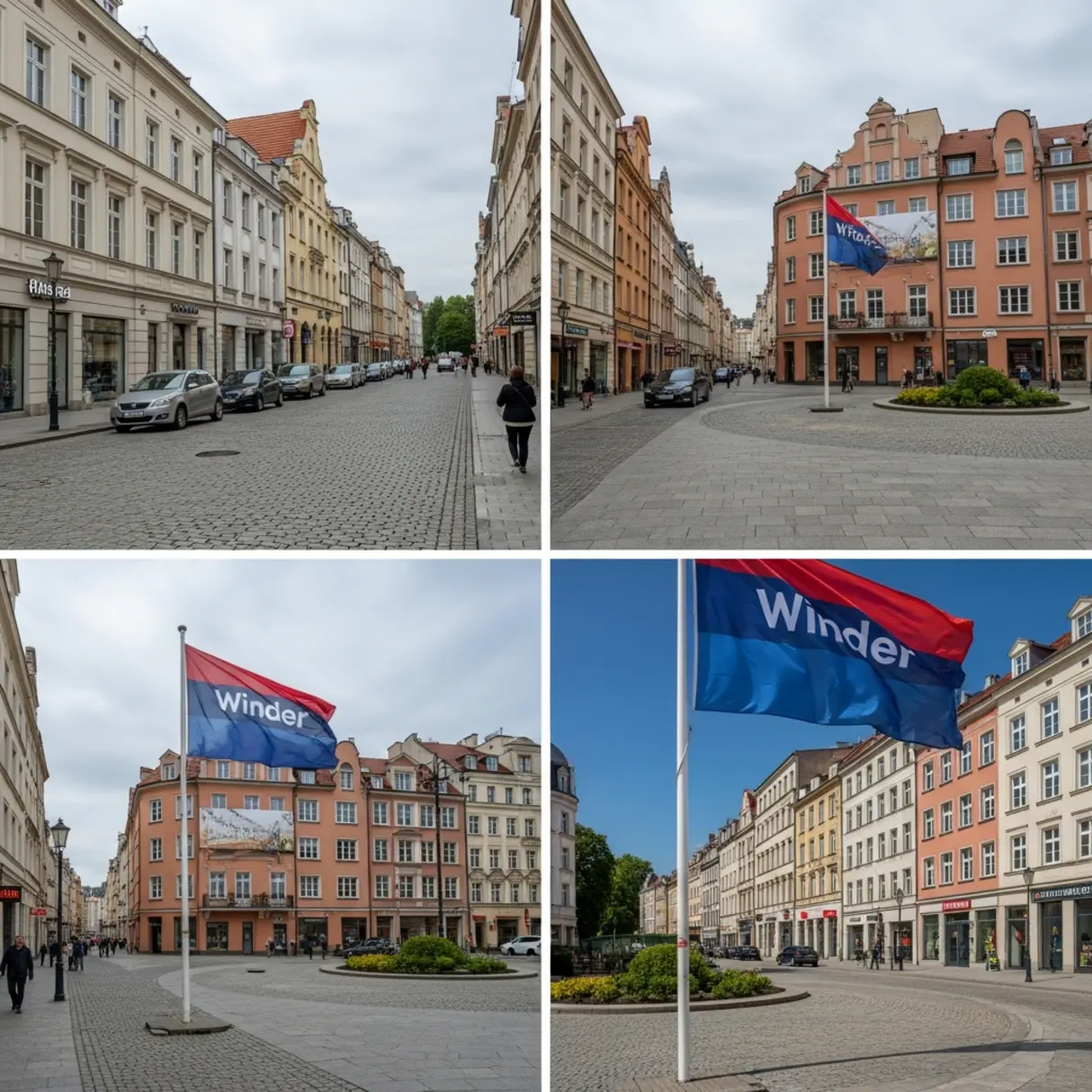 Zdjęcie kolażu z ulicą miejską i flagą reklamową z napisem 