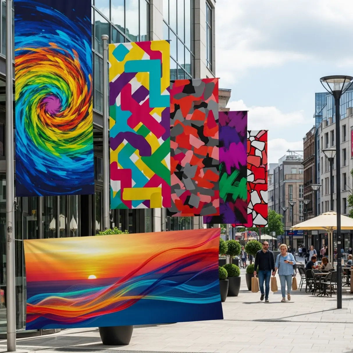 Kolorowe winder flags z abstrakcyjnymi wzorami przed nowoczesnym budynkiem handlowym.