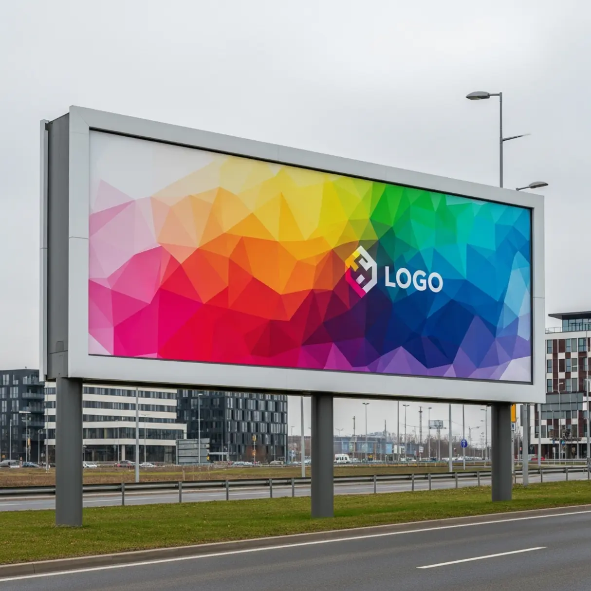 Duży billboard z abstrakcyjnym, kolorowym wzorem i napisem 