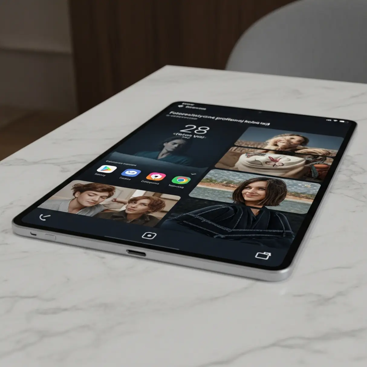 Kobieta wkłada plakat A4 do ramki OWZ na ścianie, w tle tablet z edytorem graficznym.