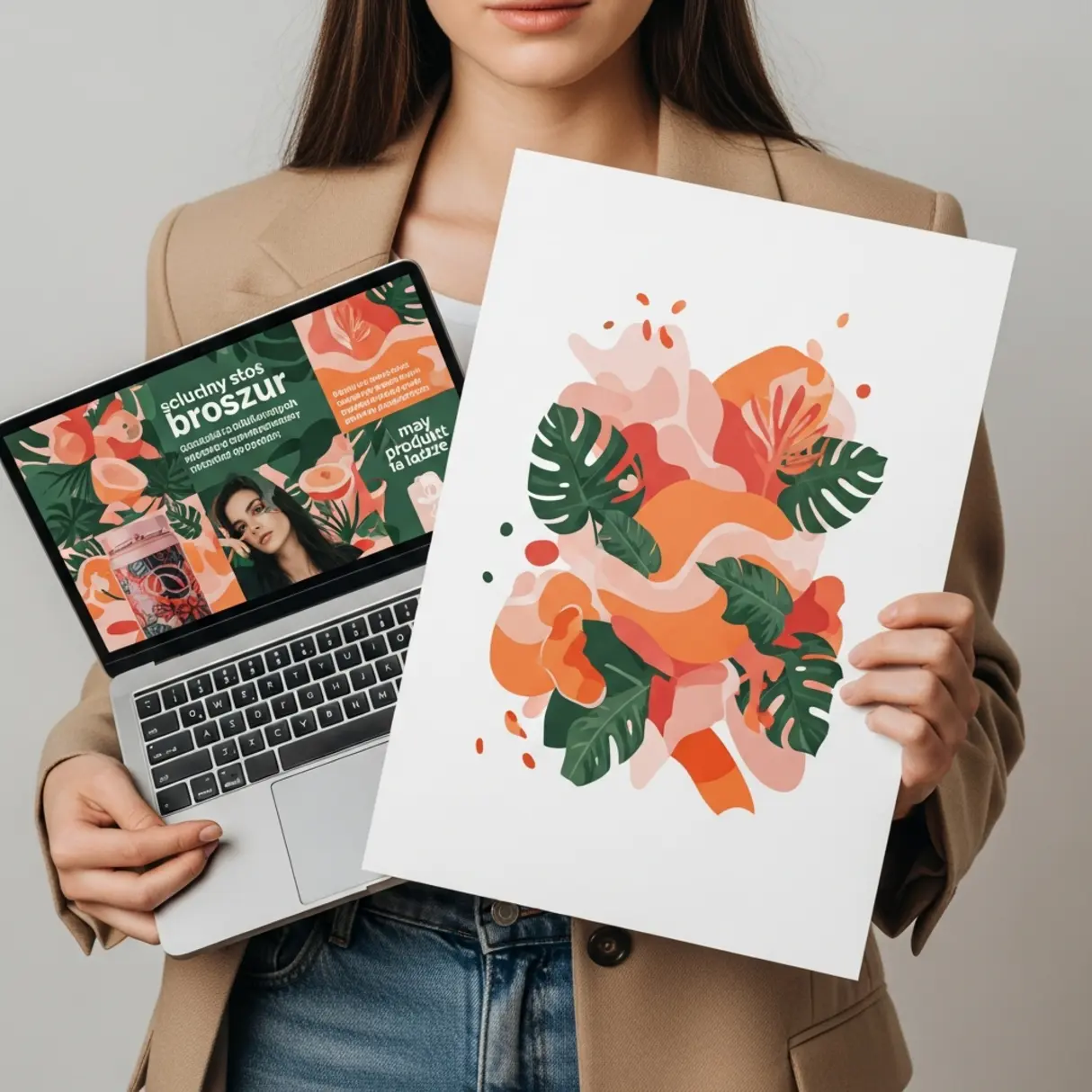 Kobieta trzyma laptopa z reklamą i plakat z abstrakcyjną grafiką roślinną.